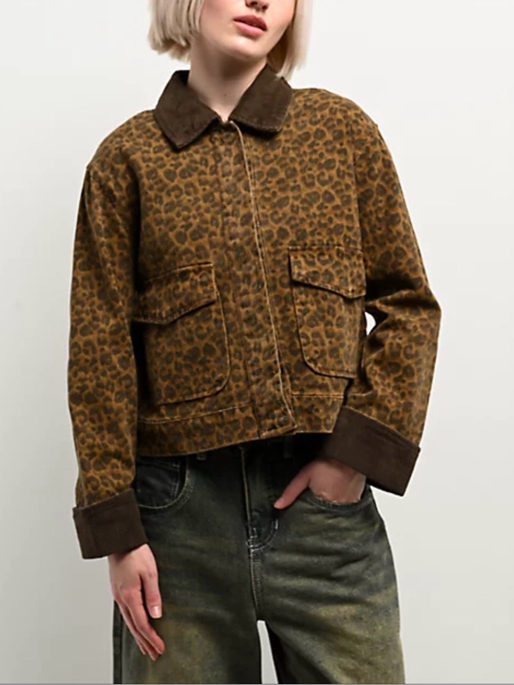 Ashley By 26 International Leopard-Print Brown Cropped Utility Jacket